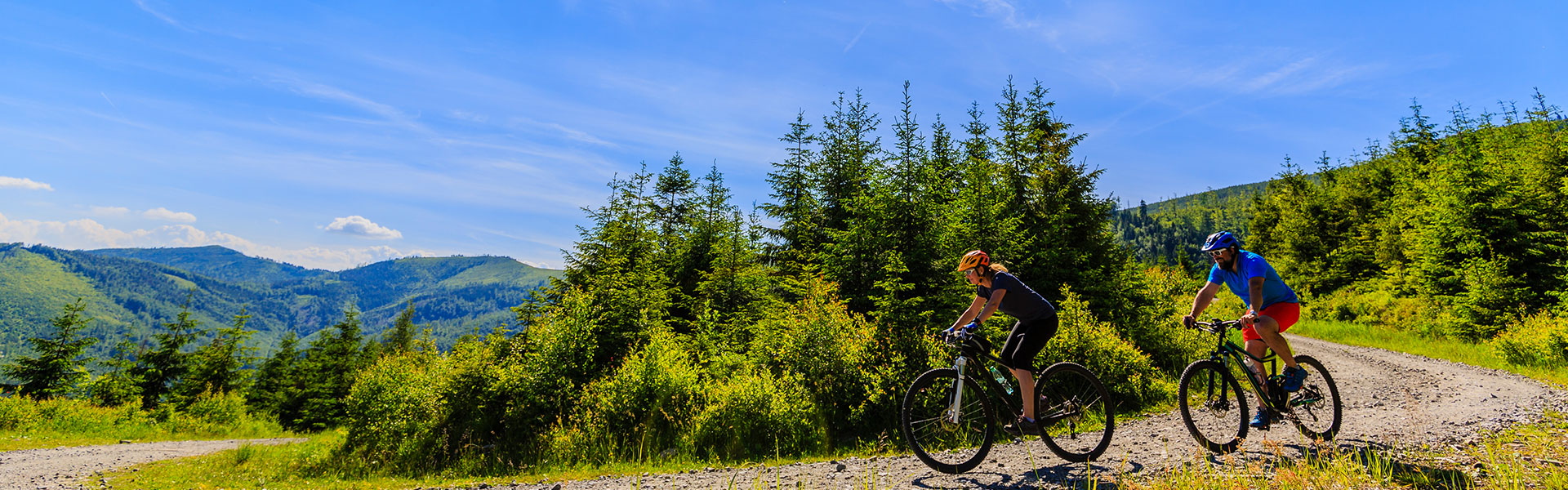 Two people mountain biking on a trail in the mountains